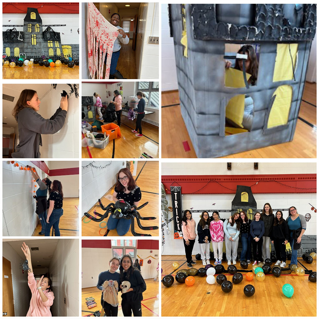 A collage of a group of girls building a Halloween Haunted House display in a gymnasium.
