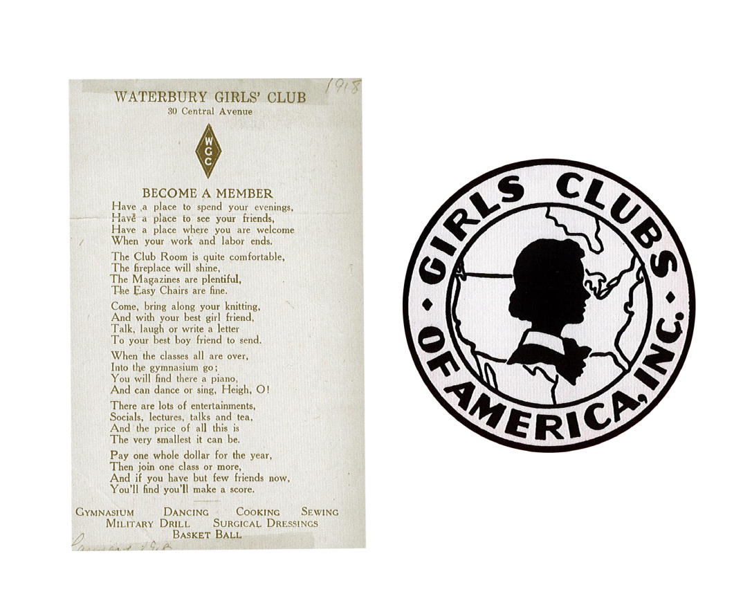 Waterbury Girls' Club "Become a Member" song lyrics and "Girls Clubs of American, Inc." logo with a woman's silhouette over a map of the United States.